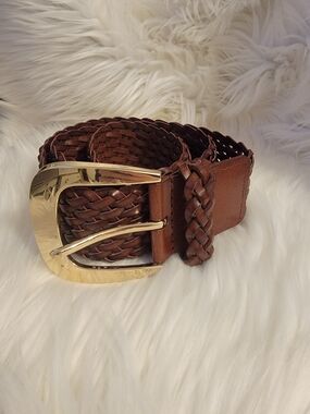 Brown Braided Leather Belt with Gold Buckle - Michael Kors